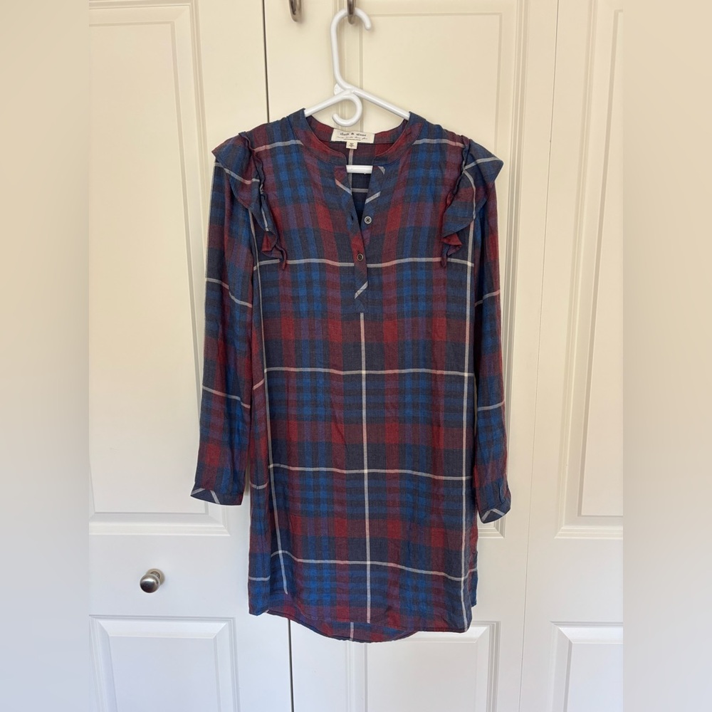 Anthropologie Cloth & Stone Long Sleeve Plaid Shirt Ruffle Dress Sz XS